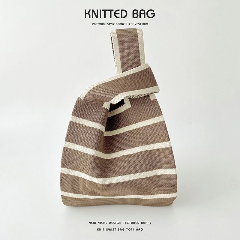 

Вязаная сумка контрастного цвета, подходящая ко всему, большой вместимости, ручная сумка Stripes khakis