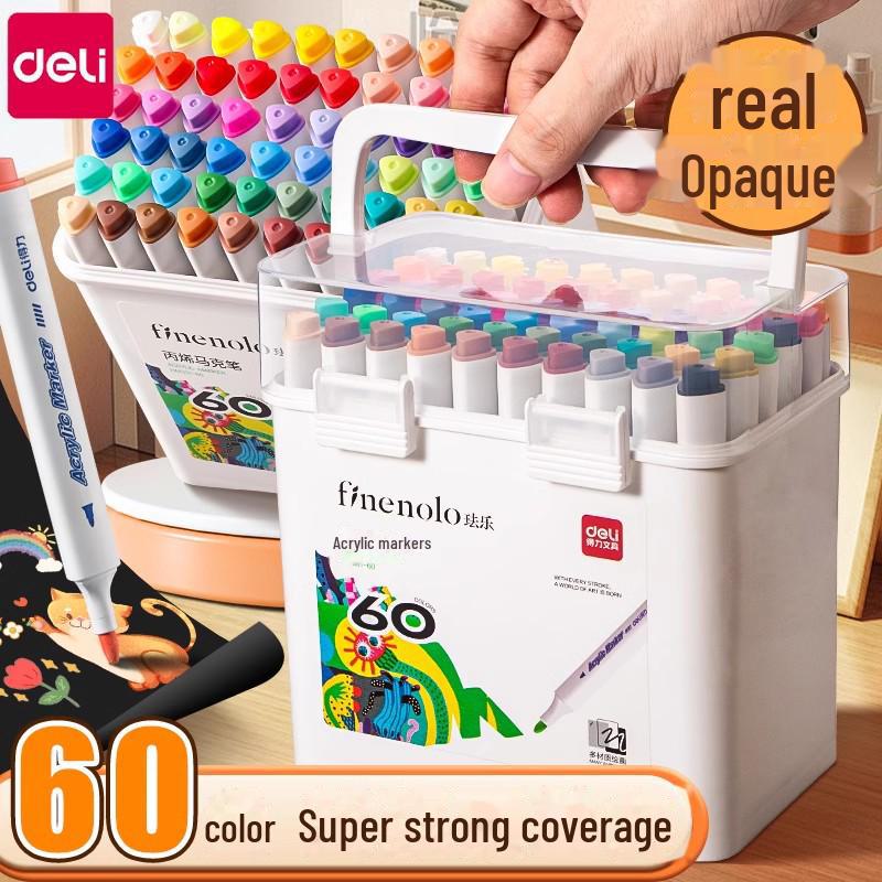 Deli Double-Headed Acrylic Marker Pen: Soft, Non-Toxic Brush for Primary School Art, Stackable & Opaque