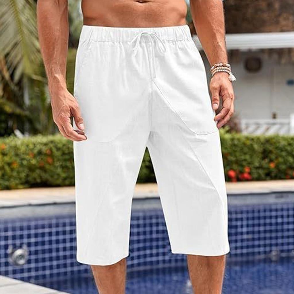 Pánské volné bavlněné a lněné kalhoty Plážové ležérní sportovní kalhoty Jednobarevné Sedmibodové šortky z bavlny a lnu