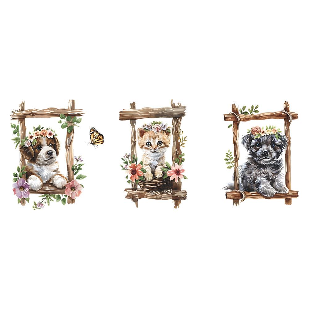 Cartoon Cat Dog Triptych Frame Wall Sticker Set Self-Adhesive for Kids Bedroom Wall Decoration