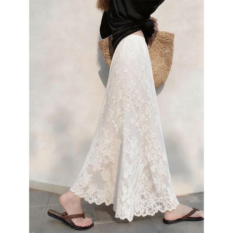 Spring Unique Design, Chic and Elegant White Lace Skirt with a Draping Effect, High-Waisted Slimming A-Line Long Skirt for Women