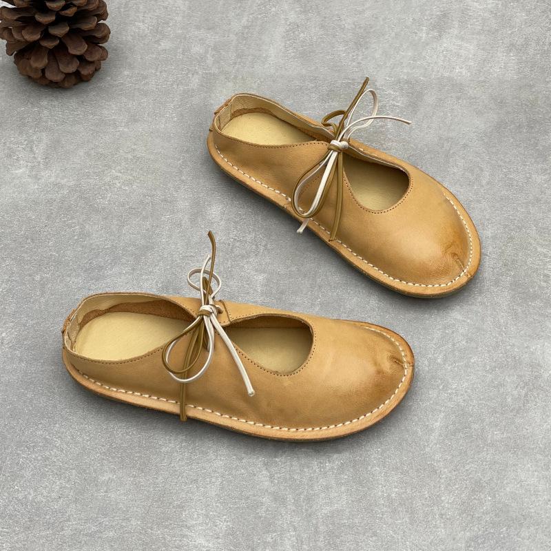 Johnature Handmade Genuine Leather Flat Slippers Round Toe Retro Soft Soled Women's Outdoor Slip-on Shoes