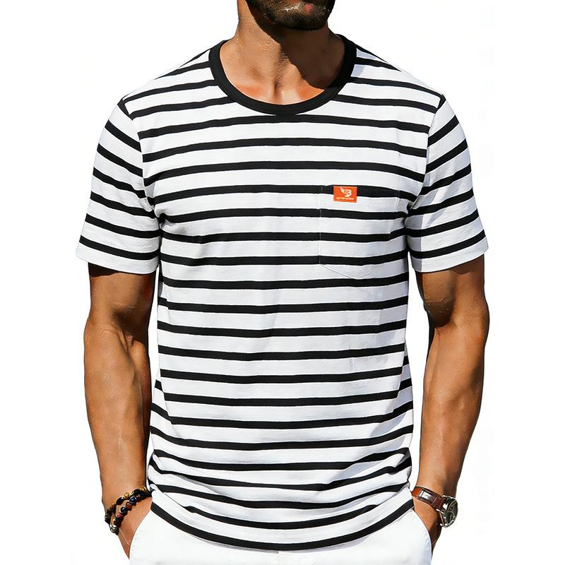 Men’s Summer Striped T-shirt: Loose-fit, Vintage-style, Commuter-friendly, Relaxed, Minimalist, Casual, Round-neck, Short-sleeved Top