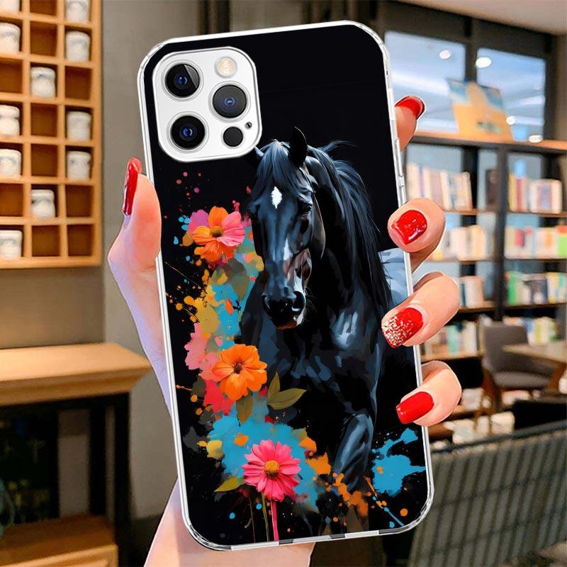 Animal Black Horse Cover Phone Case For iPhone 16 17 Air 15 14 Pro Max 16E Phone Case 13 Mini 12 11 7 SE 8 Print Pattern Fit Cas