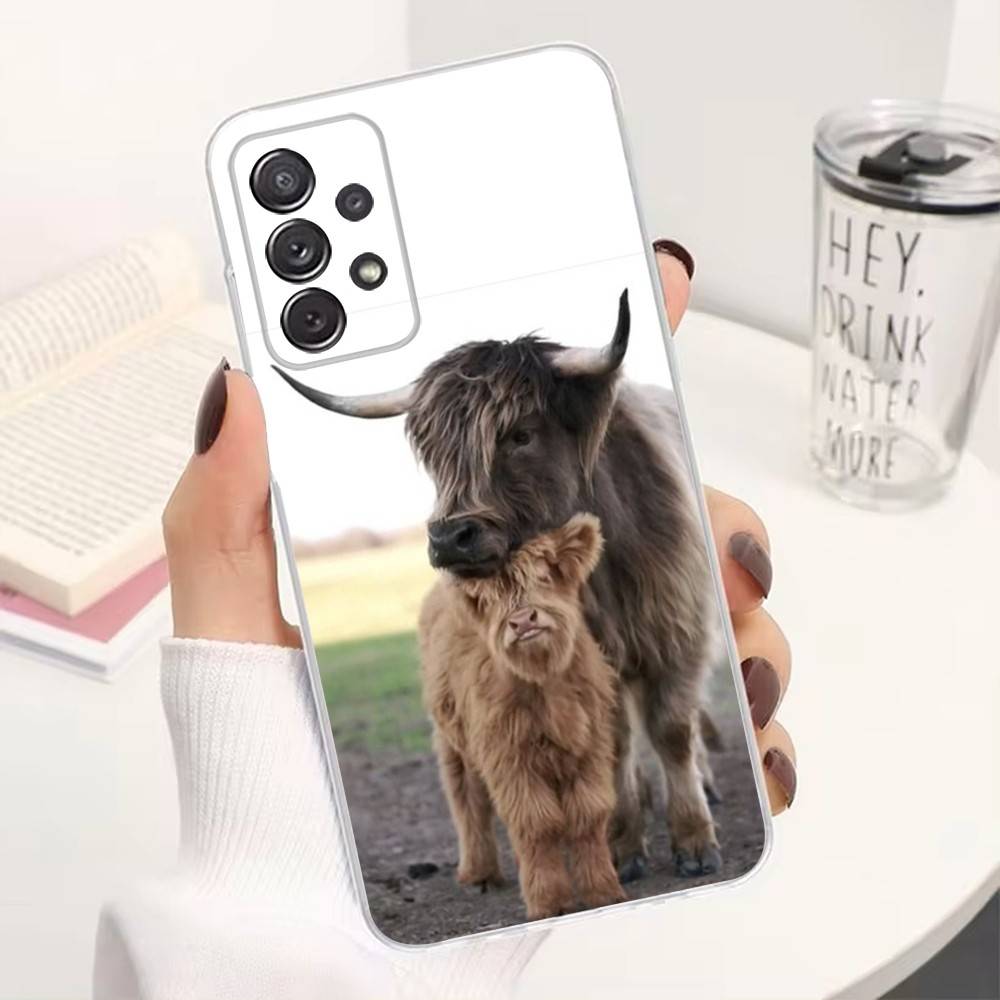 Cute Highland Cow Phone Case For Samsung A51,71,30,S21,10,20,Ultra,FE,Lite, S22,23,9,PIus,Transparent, Silicone