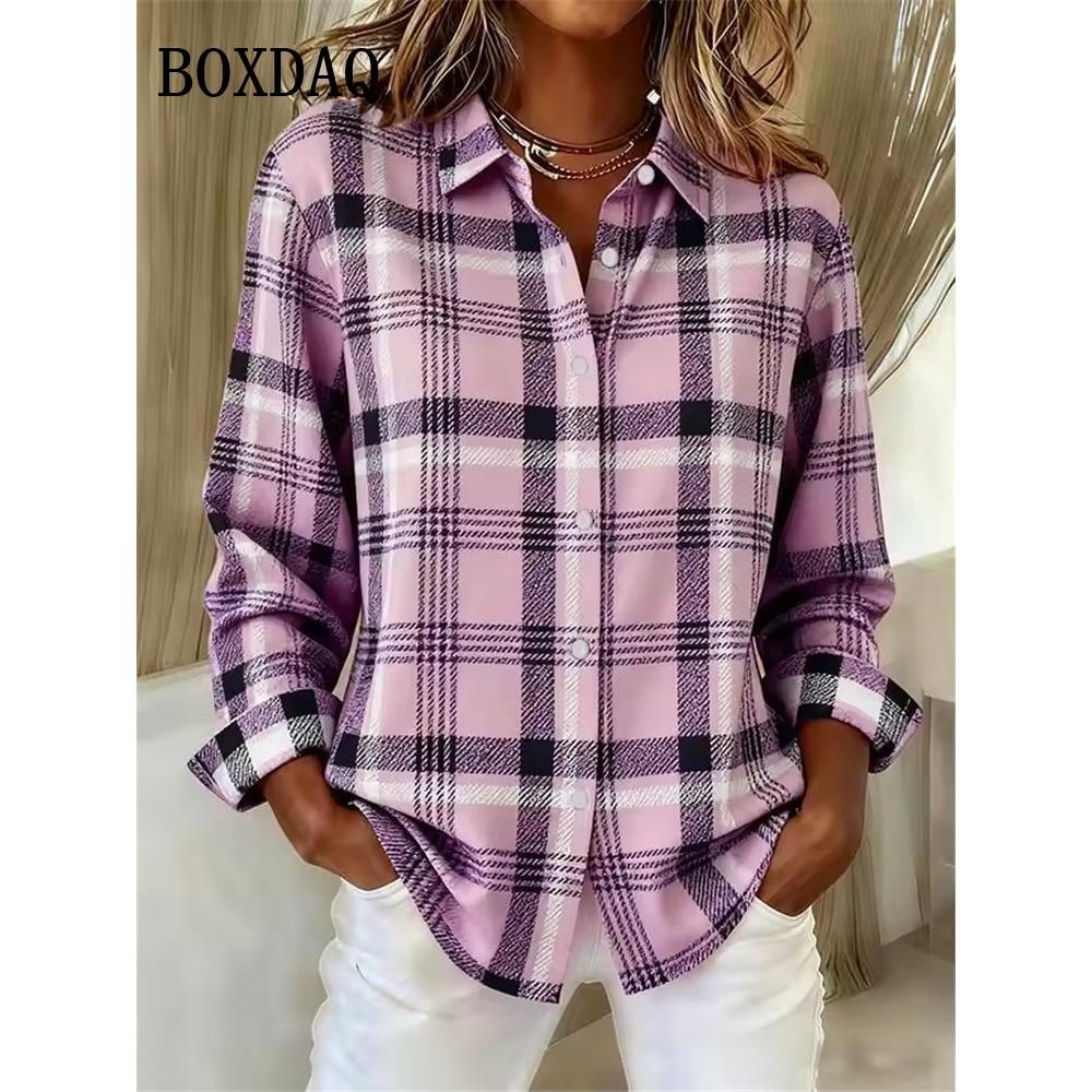 Spring Women's Blouse Summer Classic Plaid Printed Shirts Casual Outdoor Streetwear Long-Sleeve Button Shirt Everyday Tops