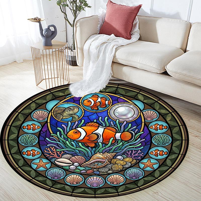 Ocean Life Glass Round Area Rug Under Office Chairs Bedroom Living Room Home Decor