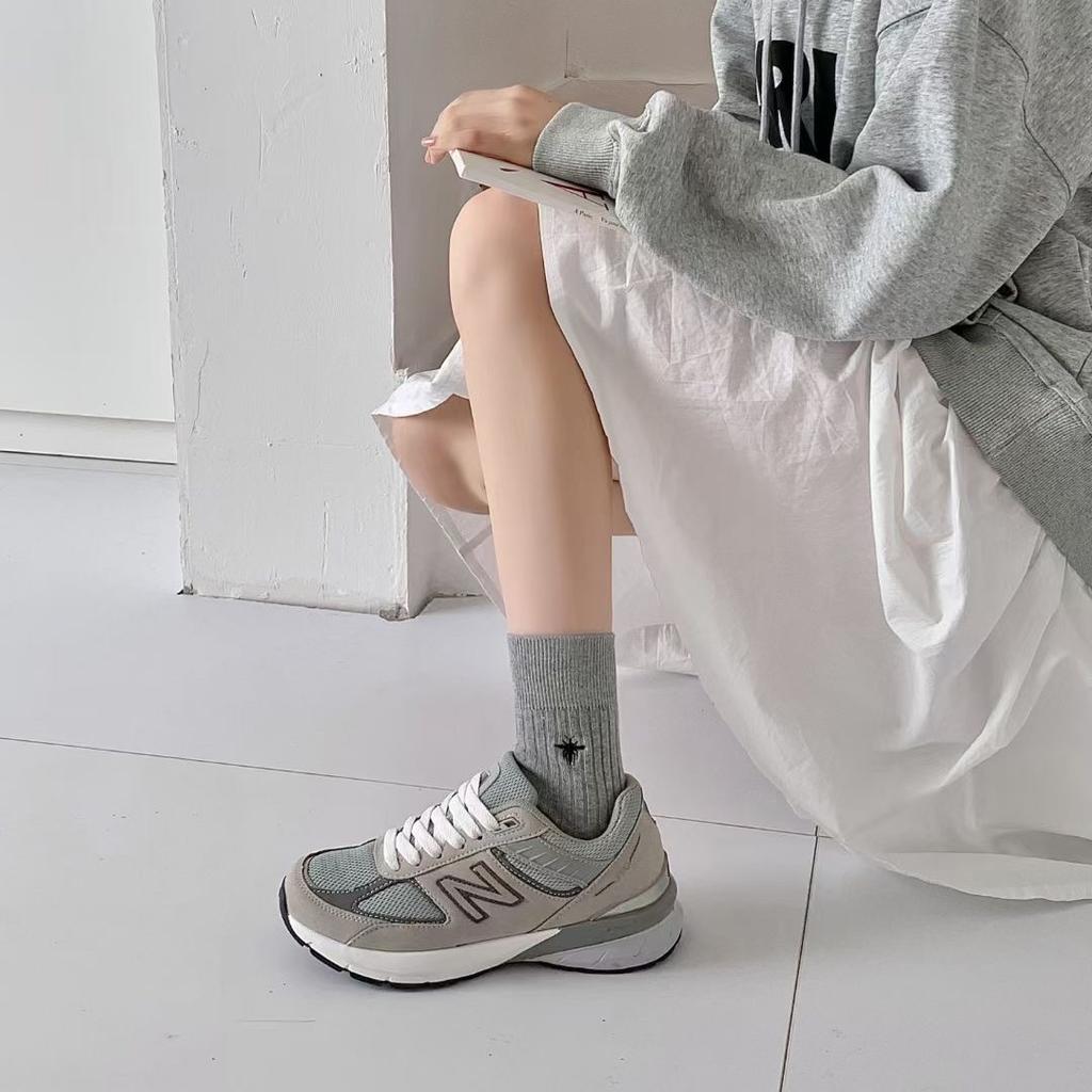 Embroidered Bee Socks Mid-Tube Socks Catwalk The Same Trendy Solid Color Cotton Socks Vertical Striped Double Needle Socks