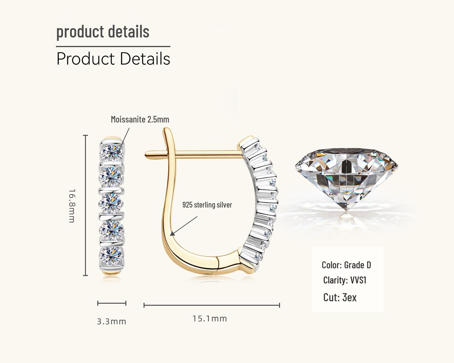 

Trendy U-Shaped Moissanite Earrings: European & American Design in 925 Sterling Silver 0.3+0.3 Carat