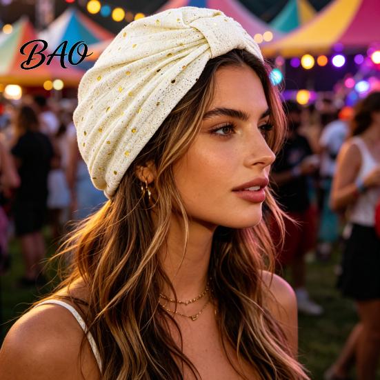 Non-strangling Headwear Turban Hat for Women, Sequined Crepe Fabric Headwrap, Ethnic Women Style Knotted Front Headwrap All Face Shapes Stable Fit