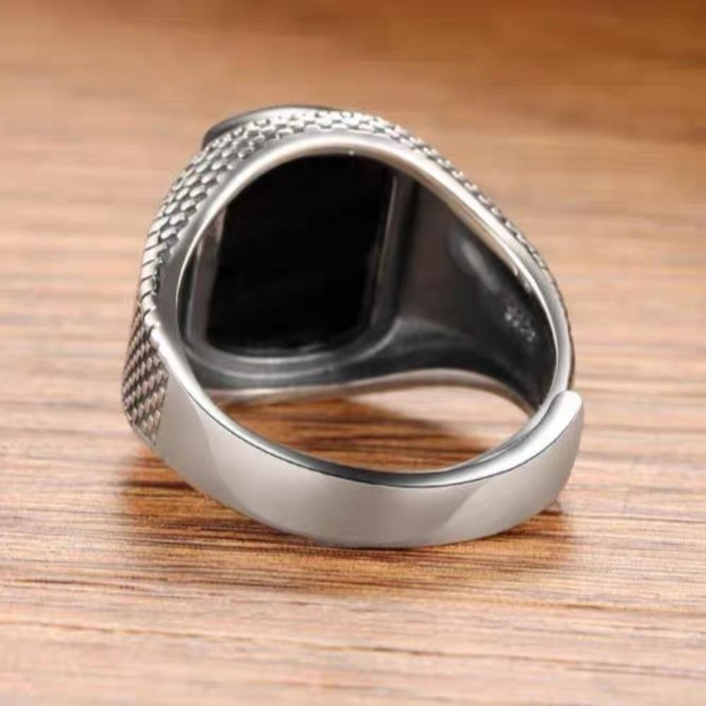 Retro Old Imitation Black Agate Ring Men's Trendy Classic Wide-sided Adjustable Personality Trendy Thai Silver Single Ring Men