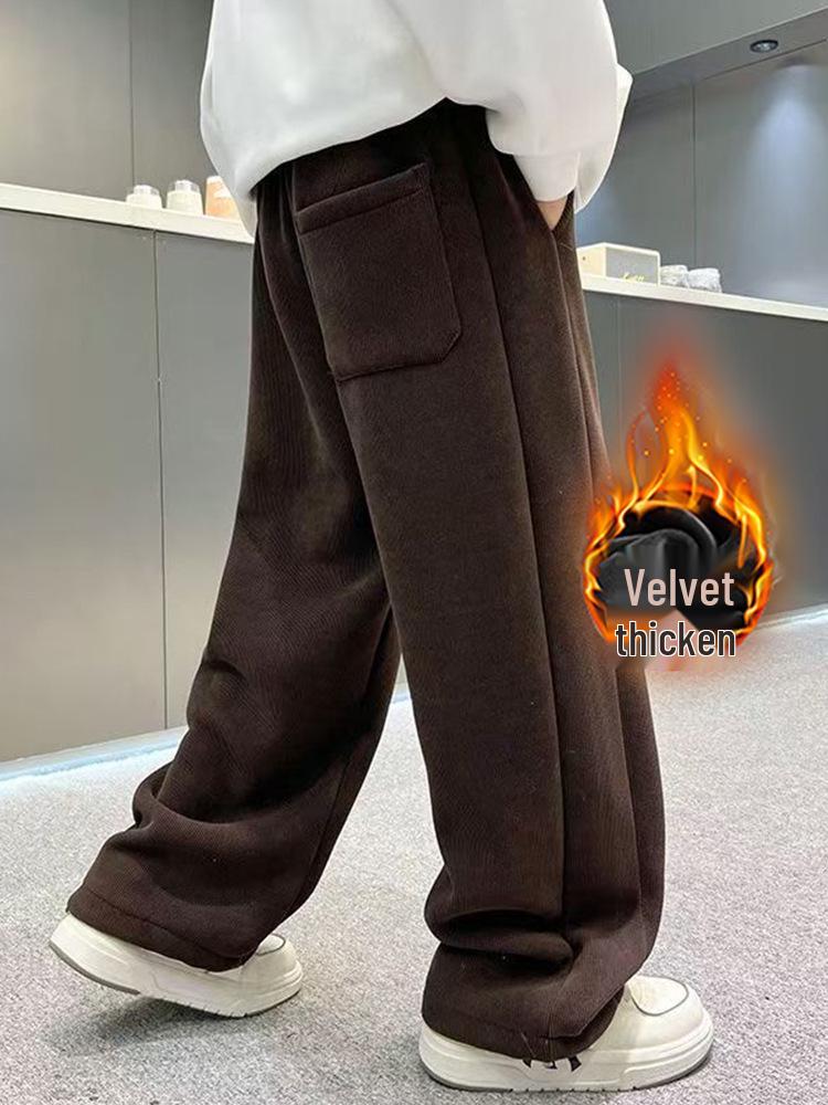 Trendy Boys' Corduroy Fleece-Lined Wide-Leg Pants for Autumn and Winter