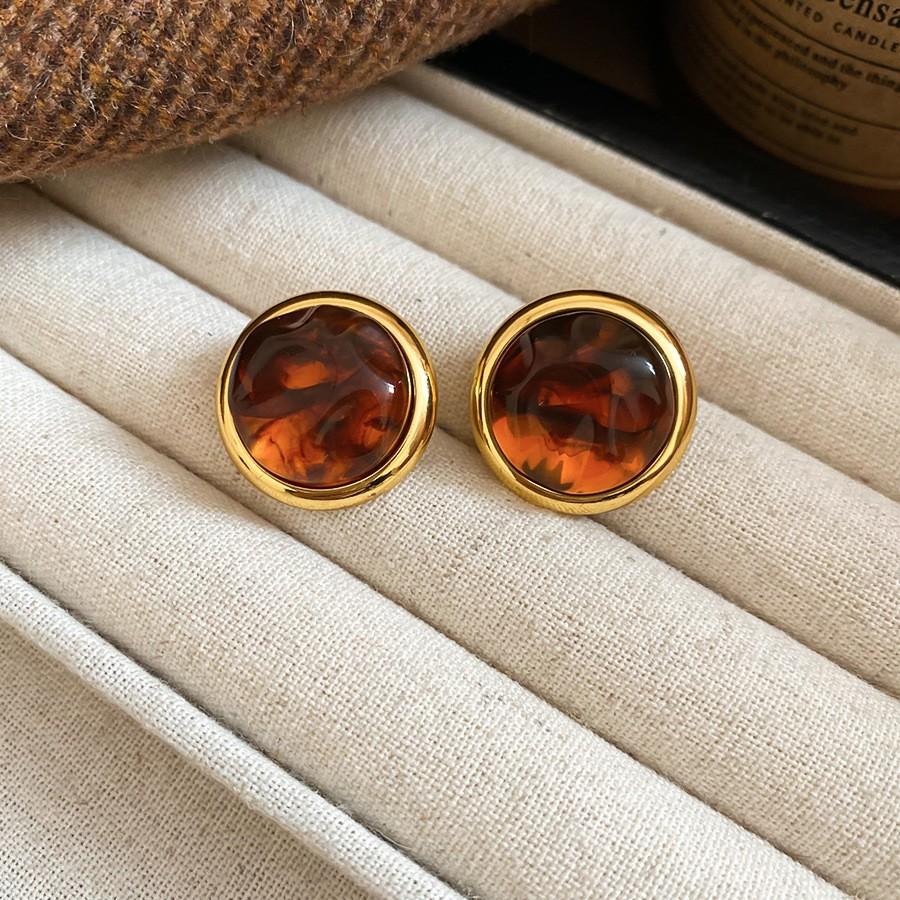 Silver Needle Retro Resin Geometric Round Oval Pendant Earrings Maillard Style Stud Earrings Niche Design Earrings Women