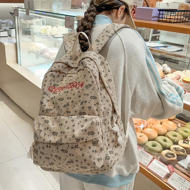 Women's Floral Print Backpack Corduroy Student School Bag Campus Large Capacity Backpack