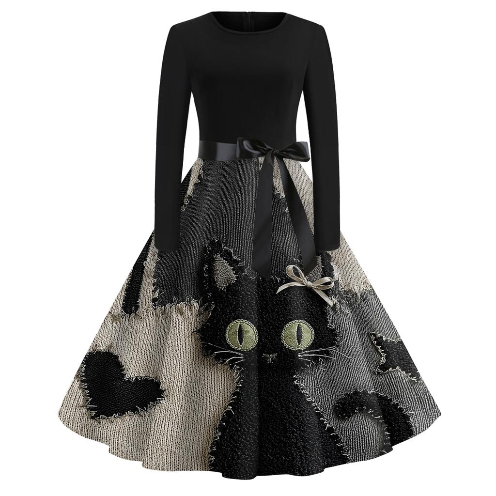 Damen Vintage Rundhals Langarmkleid mit Halloween-Print für Freizeit und Alltag