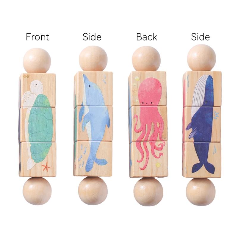 1Pc Baby Wooden Montessori Toys Cartoon Animal Crocodile Bear Rotate Block Rattle Puzzle Game Baby Food Grade Wooden Teether Toy