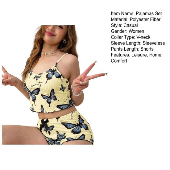 Women's Cami Pajama Set 2 Piece Ribbed Sleeveless Crop Top And Shorts Camisole Pjs Set Summer Cute Butterfly Print Sleepwear