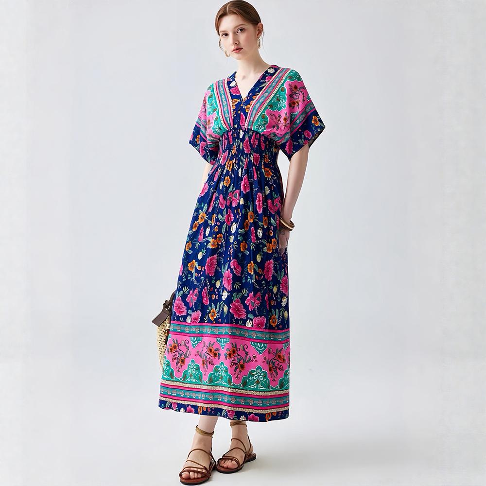 Bohemian-Style Cotton-Silk V-Neck Batwing Print Dress Summer Casual Vacation Beach Dress