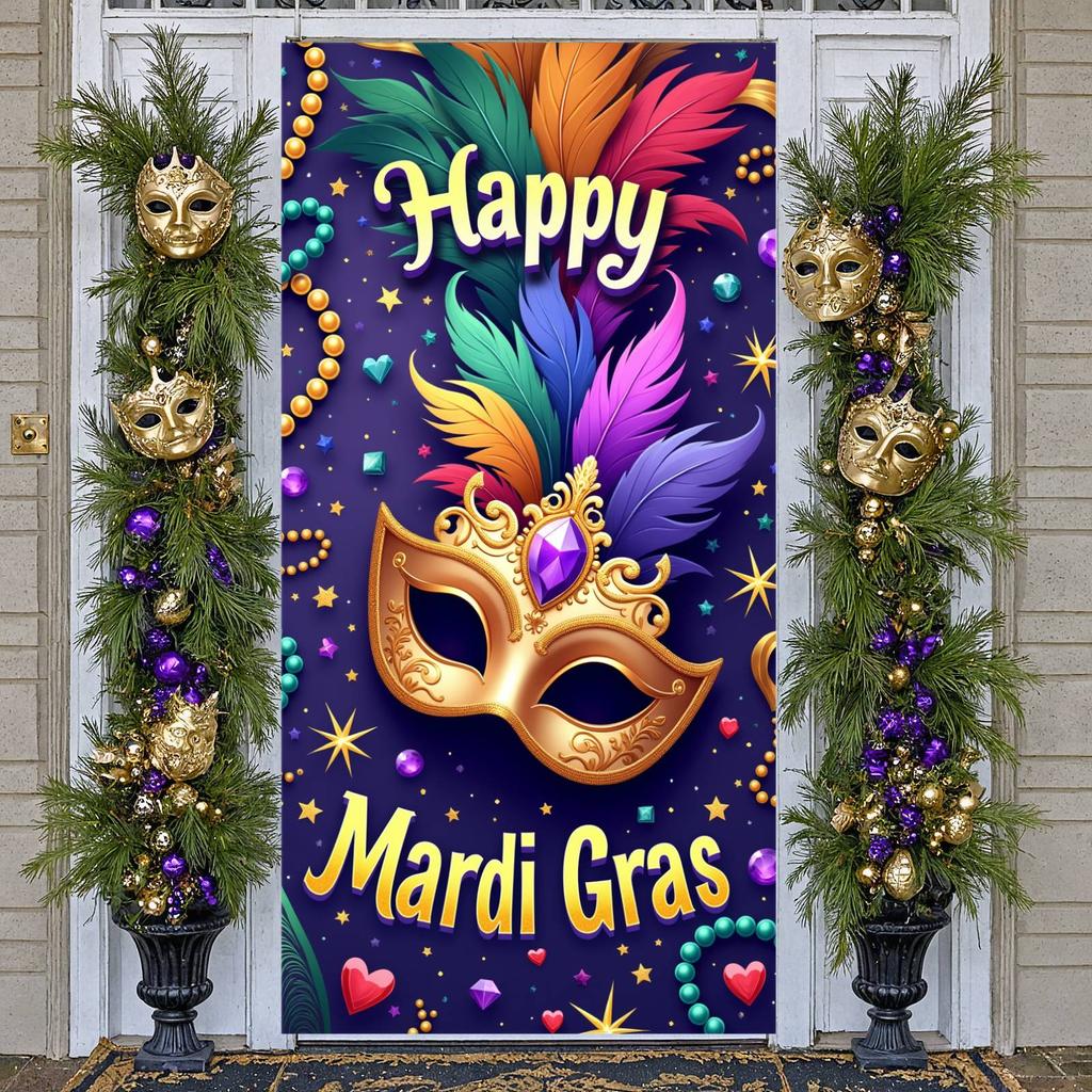 Party Display Beaded Decor Mask Background Festival Banner Colorful Feathers Mardi Gras Banner For Indoor Party Carnival Party