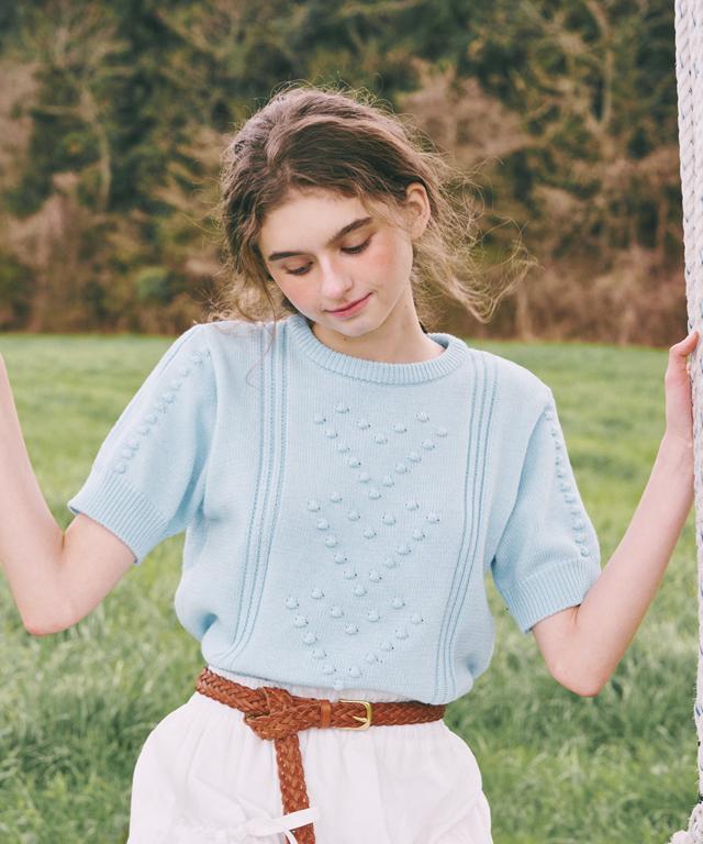 RONRON Embo Heart Short Sleeve Knit Blue