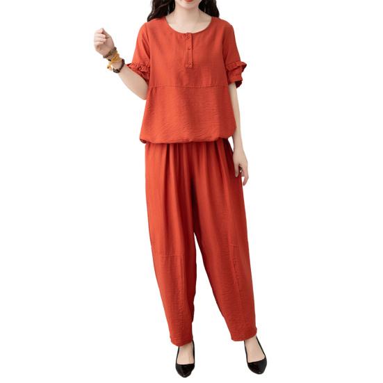 Women's Cotton Linen 2-Piece Outfit Casual Short Sleeve Crew Neck Top And Long Pants