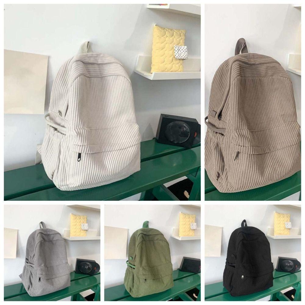 Lightweight Corduroy Backpack Large Capacity Casual Students Daypack Solid Color School Bag  Travel