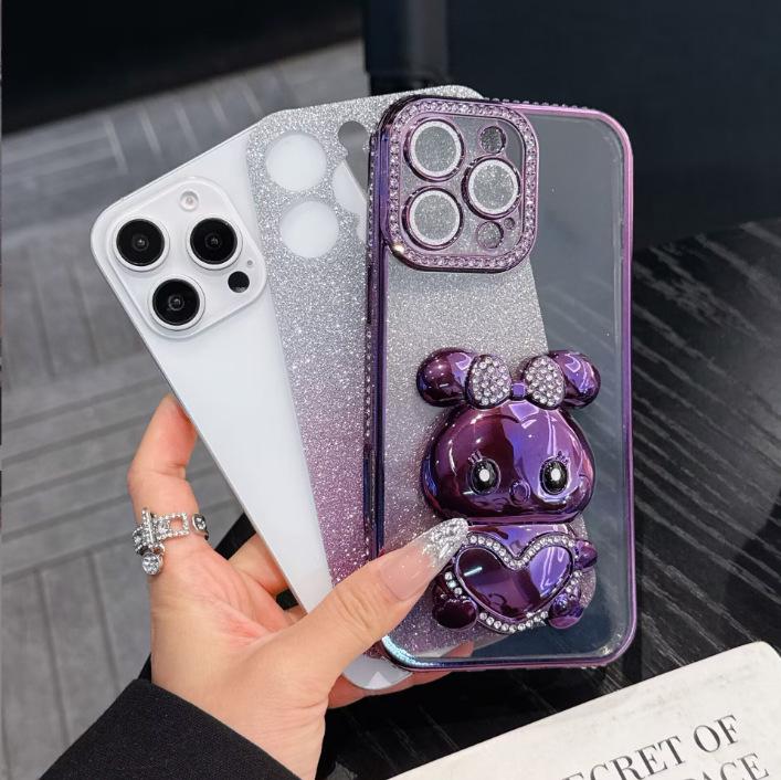 iPhone 17 Rhinestone Gradient Case with Diamond Rabbit Stand for Apple 16 Pro Max - Glitter Shockproof Case for iPhone 15