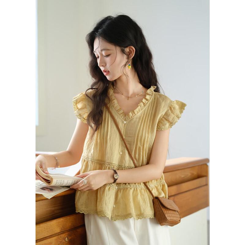 Women s Ruffle V-Neck Flutter Sleeve Tencel Blend Blouse S
