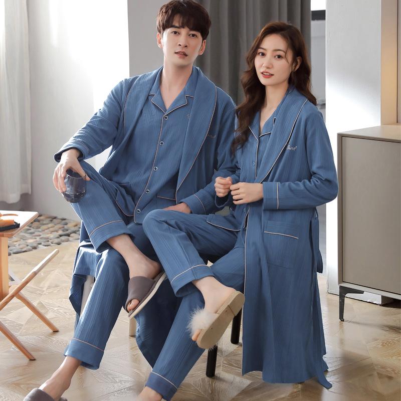 Couple Pajamas Women'S Spring And Autumn Cotton Long-Sleeved Autumn Men'S Nightgown Large Size Bathrobe Three-Piece Set Loungewear