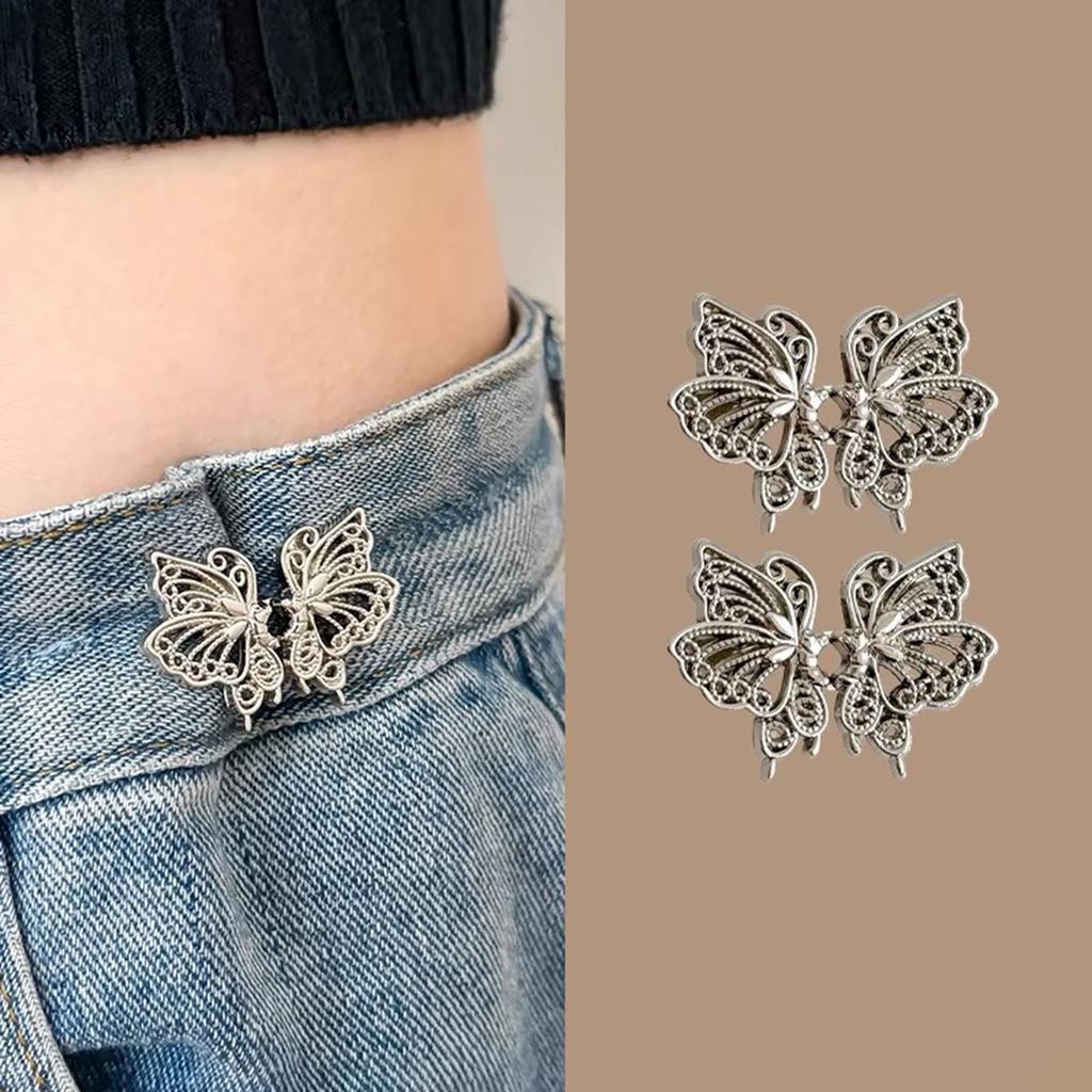 2Piece Jeans Waist Tightener Adjuster Kit, Effortless No Sew Tightening, Silver Adjustable Buttons Fit On Loose Jeans & Pants