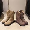 Retro Belt Buckle Western Cowboy Boots 2025 Autumn and Winter New Knight Boots Women's Thick Heel Thick Sole Short Martin Boots Women