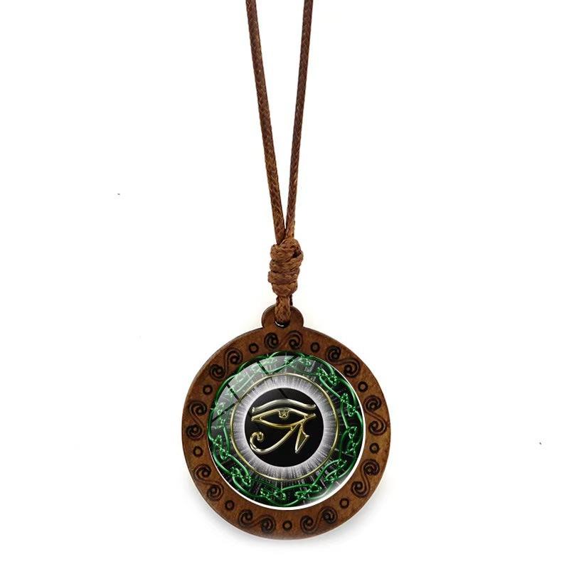 Eye of Horus Time Gem Pattern Wooden Base Pendant Retro Necklace Jewelry Small Gift