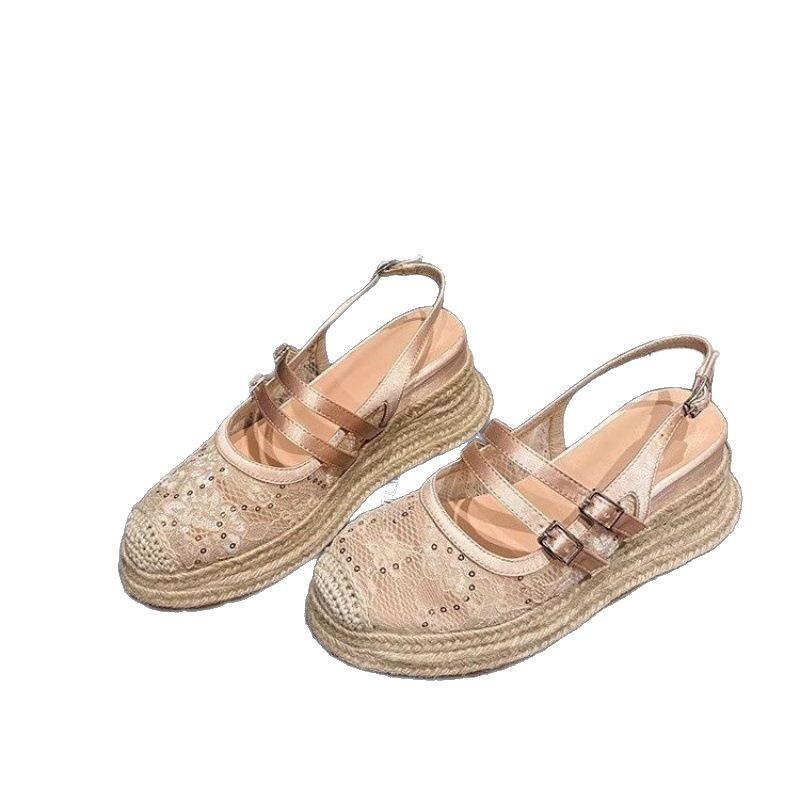 Summer Closed Toe Sandals Women's 2025 New Lace Mesh Hollow Breathable Platform Shoes Straw Fisherman Shoes with Skirt