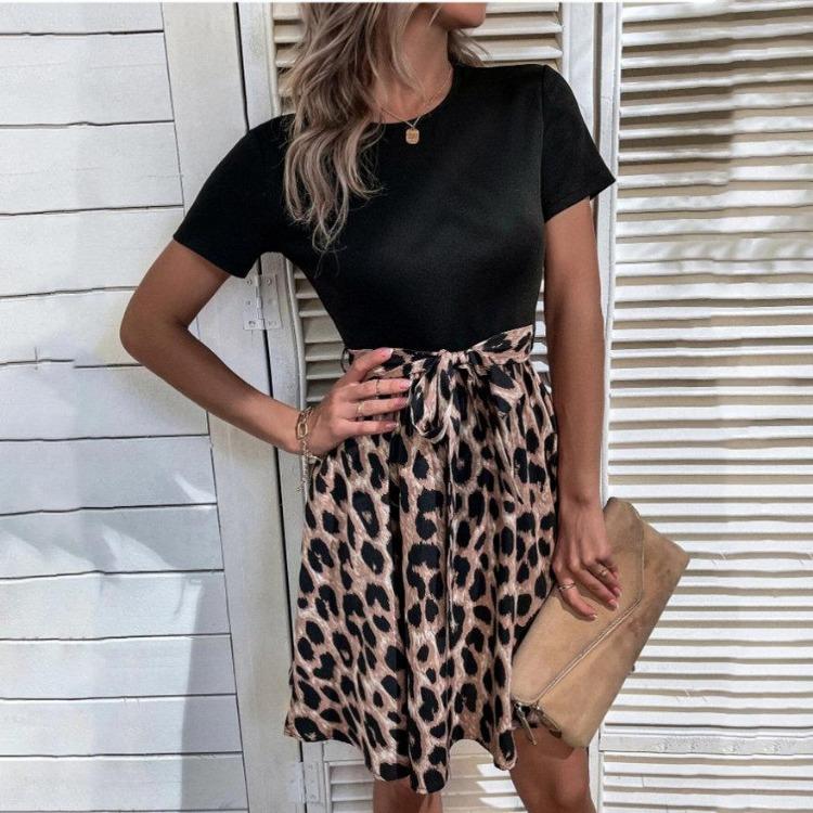 Leopard Print Women Dress with Bow Strap Summer Patchwork