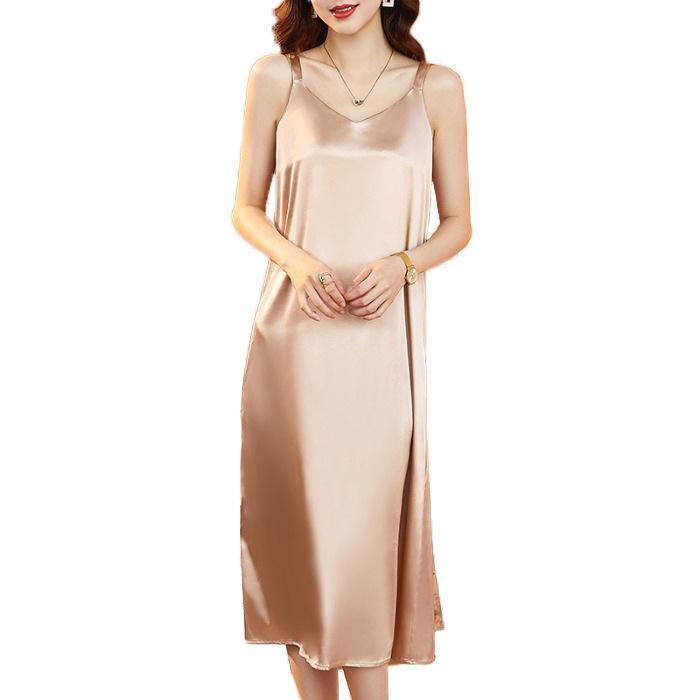 Women's Plus Size V-Neck Silk Satin Lace Camisole Dress – Sleeveless, Loose Fit for Spring & Summer Wear