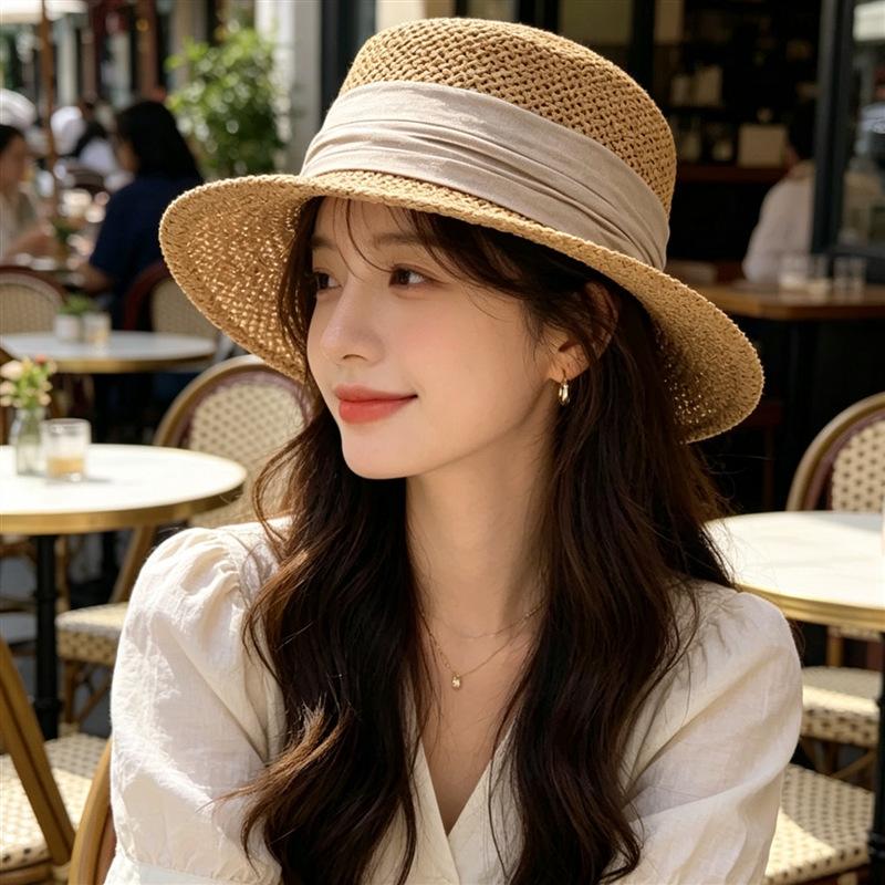 Vintage small brim sunshade straw hat French travel vacation seaside paper straw hat children summer hollow flat top top hat