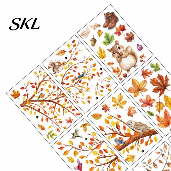 DIY Fall Party Window Ornaments 9PCS Thanksgiving Static Clings, Leaves Birds Cute Animals Maple Leaf Decals for Glass Stickers, No-Adhesive Removable