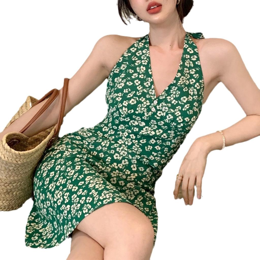 Hong Kong style neck floral dress women's summer new retro Spice Girl temperament v-neck suspender hip skirt