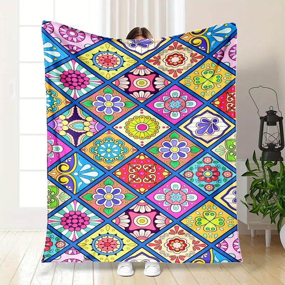 Colorful Mexican Tile Pattern Phone Case CoverBlanket Flannel Throw Blanket for Sofa, Bed, Travel, Camping, Office, Couch, Chair, And Bed Gi