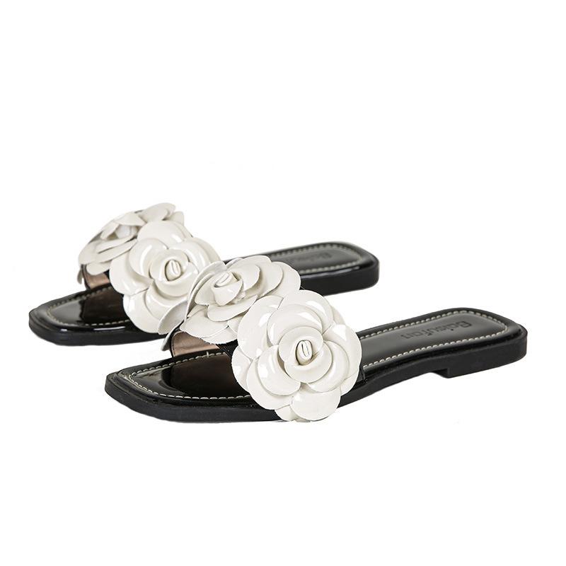 Fashion White Camellia Women Slippers  Designer Mixed Color Summer Shoes Woman Flower Decoraion Flip Flops Outdoor Slides Shoes
