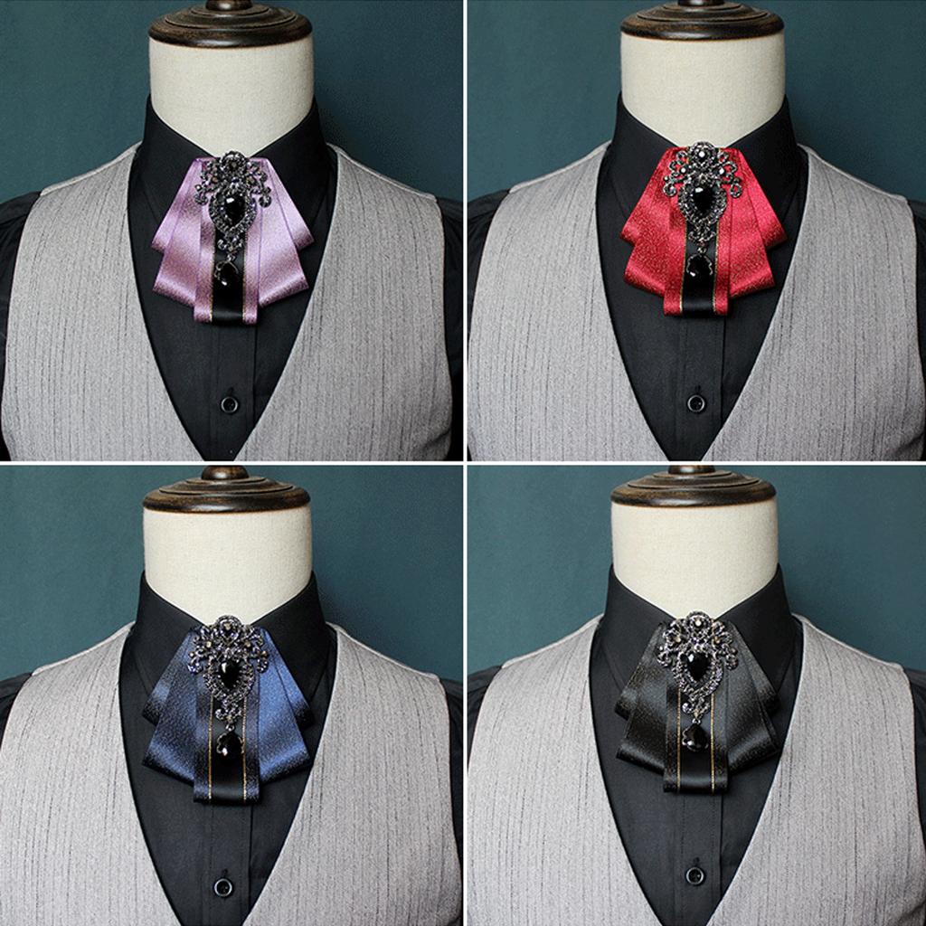 Silk Ribbon Bowtie Brooch Pin Mens Women Wedding Party Vintage Pretied Necktie Clip Crystal Bowknot Shirt Collar Tie