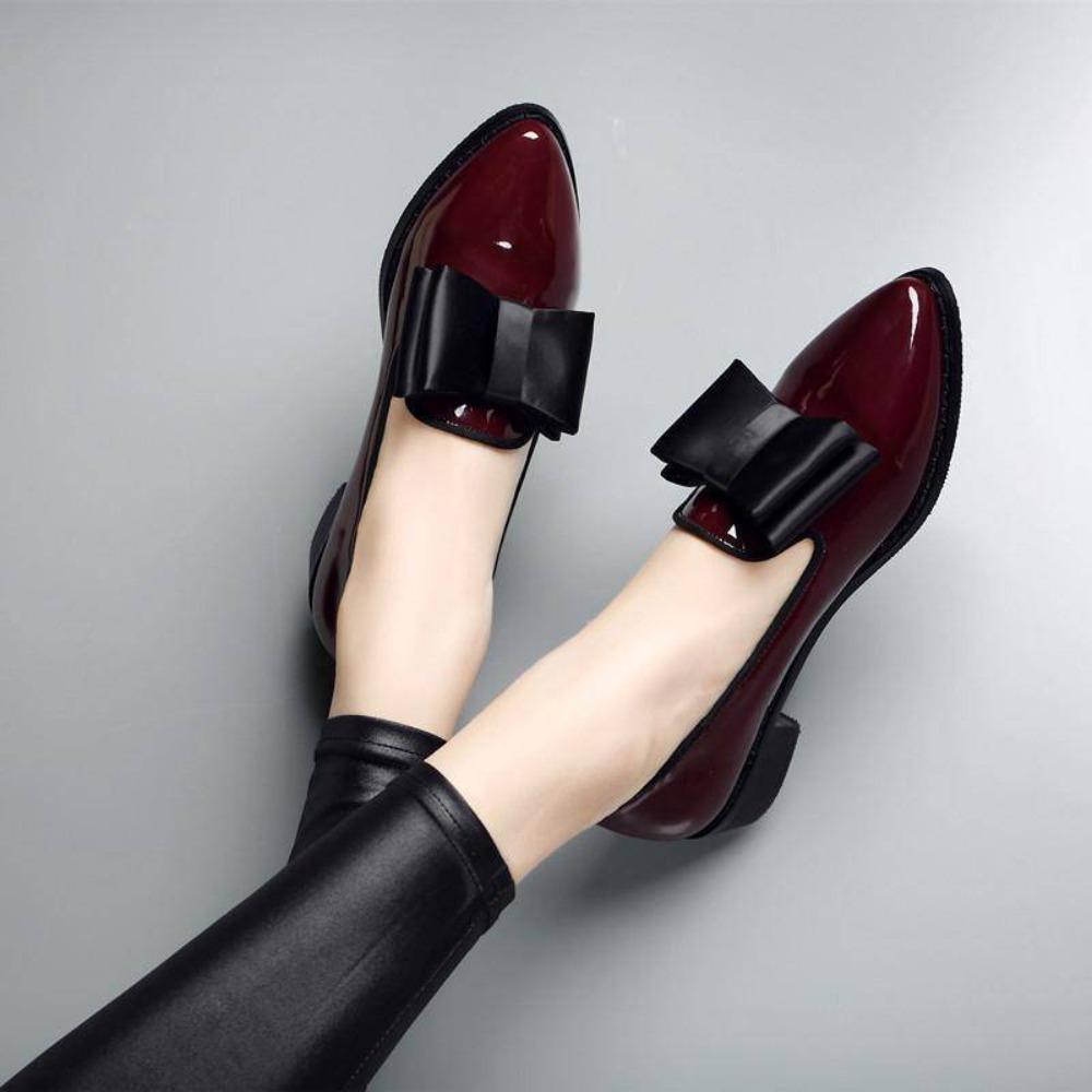 Bow Women Flats Shoes Patent Leather Ballerina Shoes Low Heels Female Loafers Pointed Toe Dress Woman Shoes