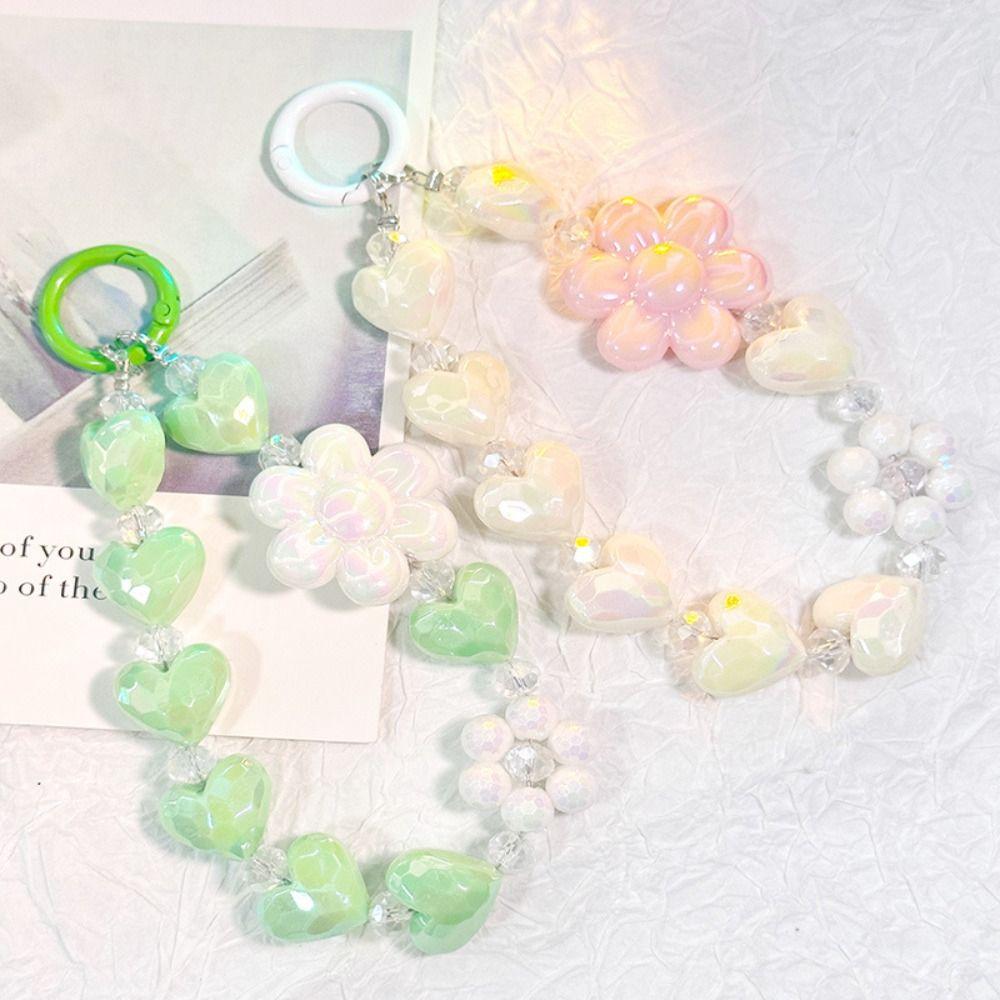 Heart Colorful Phone Lanyard Flower Keychain Crystal Phone Anti-lost Rope Colored Round Bead Cute Glitter Wrist Straps