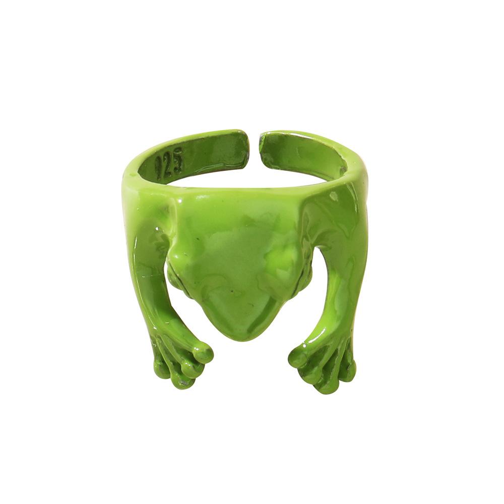 Adjustable Green Frog Shaped Open Ring for Women Funny Statement Jewelry