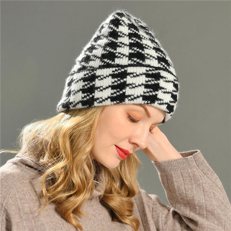 Autumn and winter new rabbit down long hair thousand bird grid hat comfortable warm wool hat soft waxy knitted hat