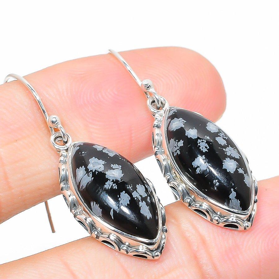 Natural Snowflake Obsidian Gemstone 925 Solid Sterling Silver Earring 1.50" C3l20