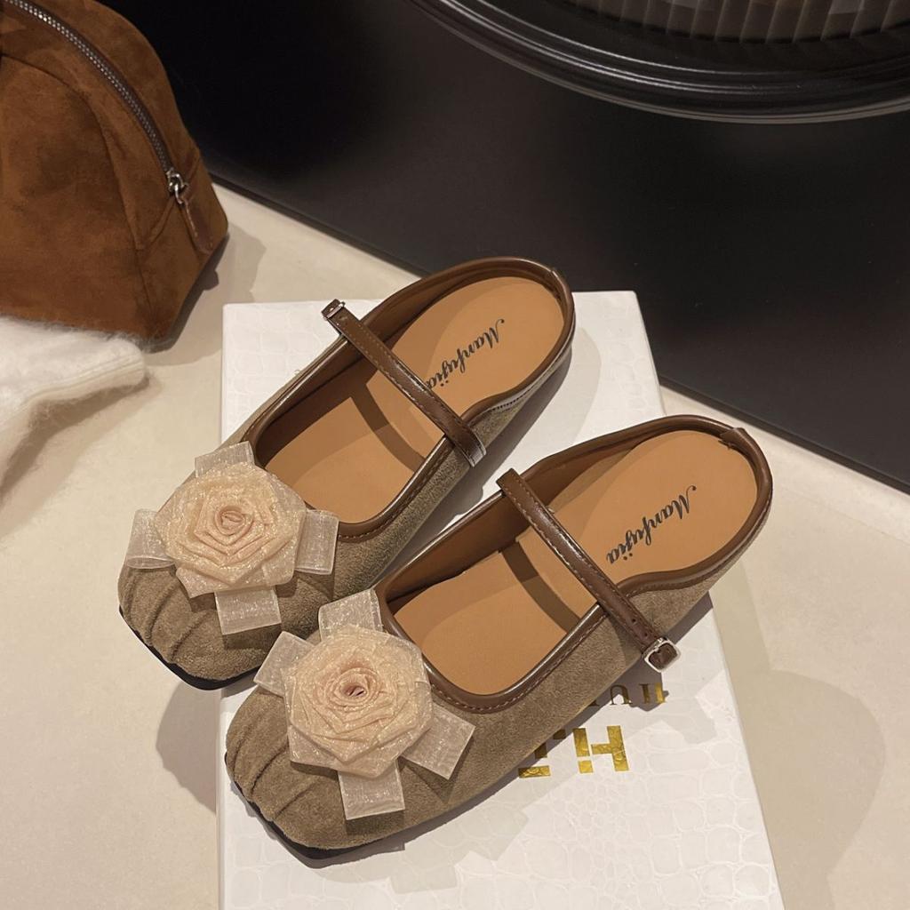 Baotou half slippers women's summer wear 2025 new one-pedal soft-soled Mary Jane shoes fairy flower flat sandals