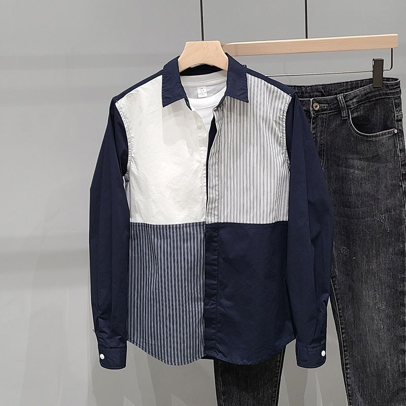 Spring Autumn Fashion Turn-down Collar Long Sleeve Patchwork Contrast Color Blouse Men's Clothing Button Casual All-match Shirts