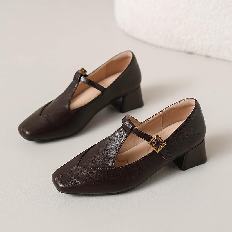 Módní boty na blokovém podpatku, podzimní novinka, čtvercová špička, mělký výstřih, jeden pásek, měkká podrážka, protiskluzové, odolné proti opotřebení, boty na nízkém podpatku