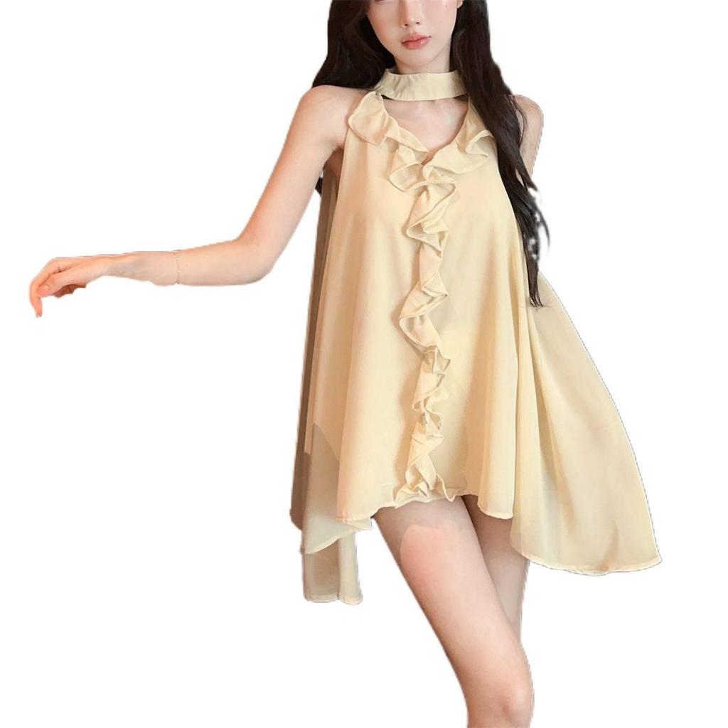 French V-Neck Ruffle Halter Camisole for Women - Sleeveless, Loose, Stylish & Slimming Top